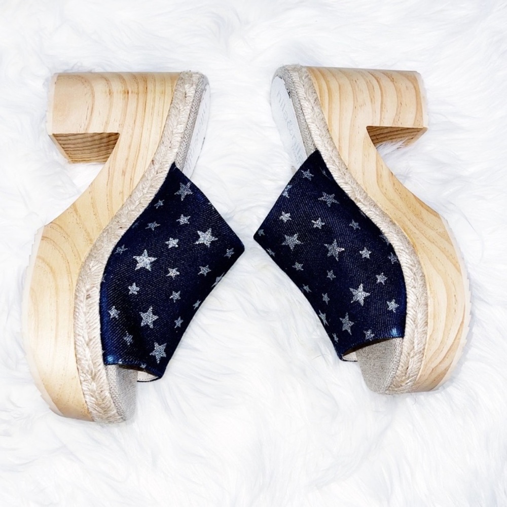 Nila & Nila Star Denim Wooden Silver Stars Platform Heels Size 40/10US